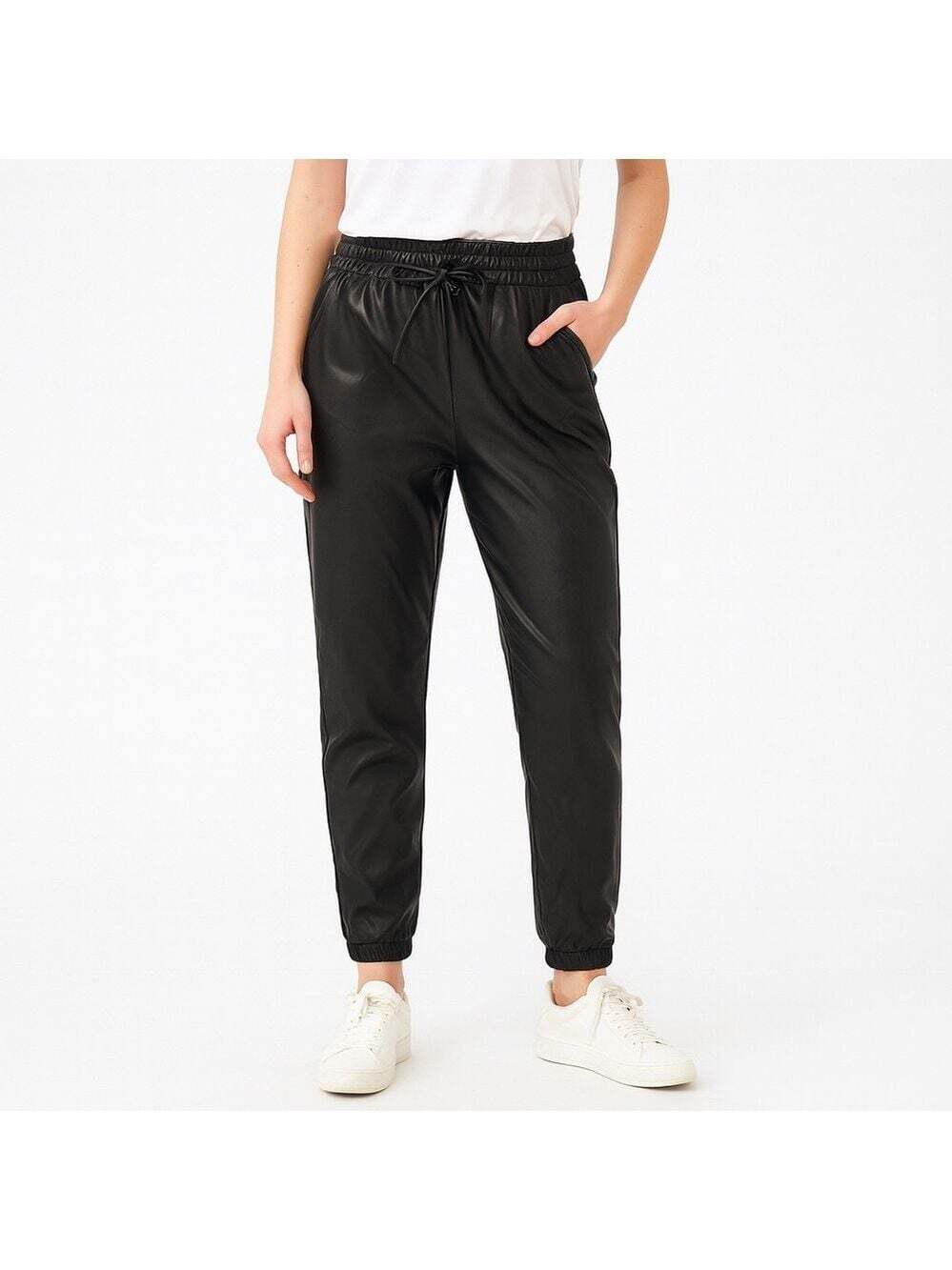 Vero Moda Black Elastic Paper Bag Faux Leather Skinny Leg Ankle Pant Size Small
